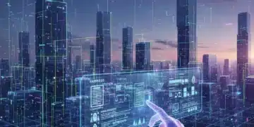 Futuristic cityscape with data flows and ethical AI principles on a holographic interface, symbolizing U.S. AI ethics regulations.
