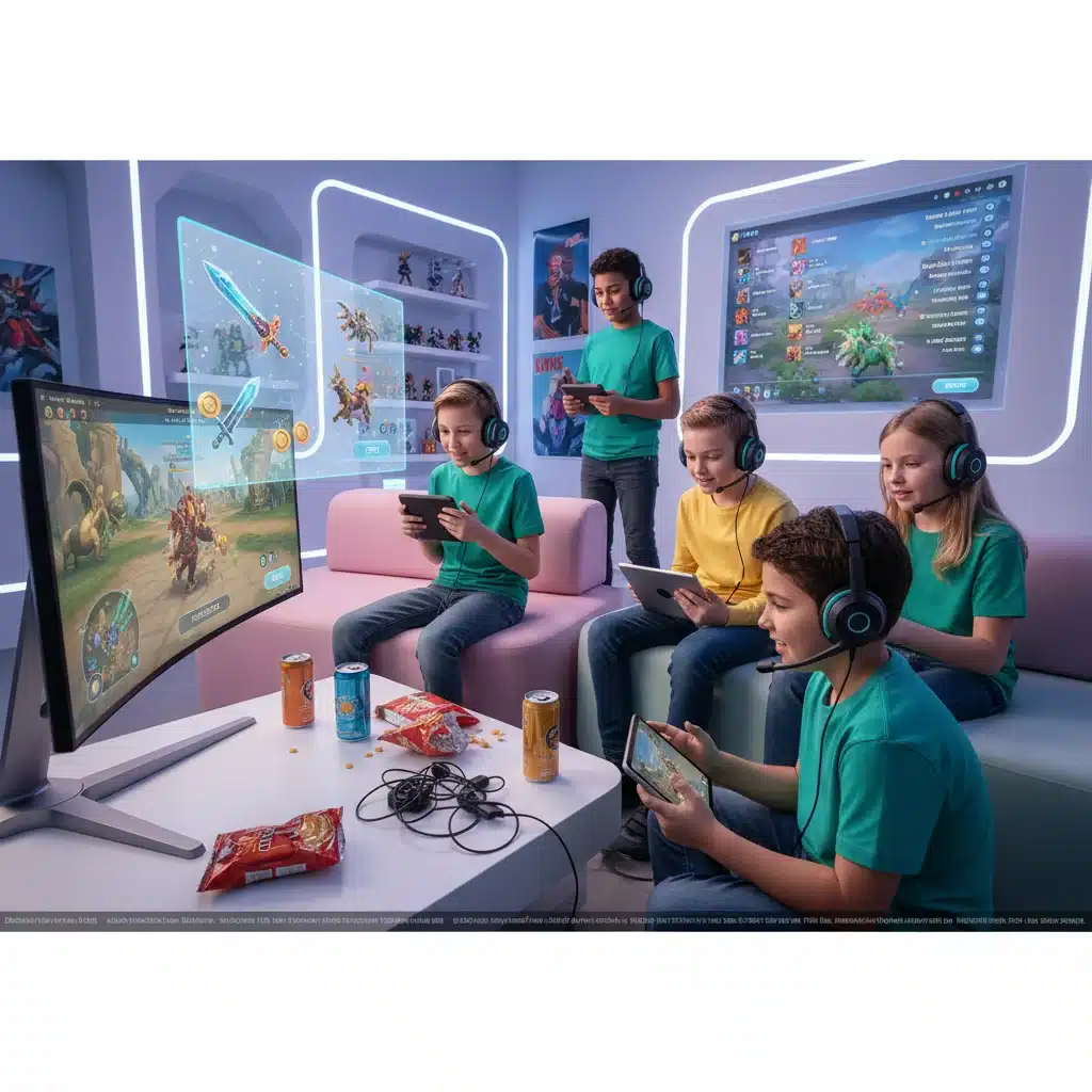 Gen Alpha gamers interacting, illustrating in-game purchases and digital communities