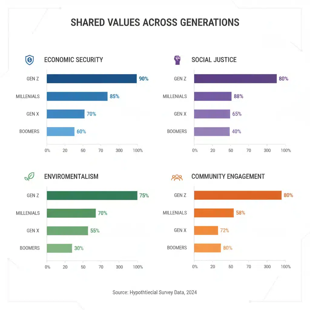 Infographic displaying generational data on economic security, social justice, environmentalism, and community engagement.