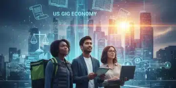 Diverse gig workers navigating new US regulations with scales of justice and digital interfaces.