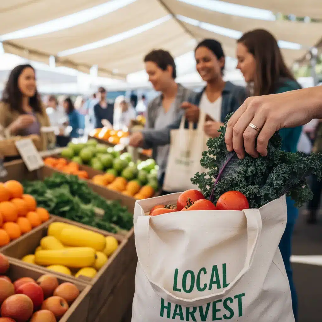 Hand placing local organic produce into a reusable bag at a vibrant farmers market.