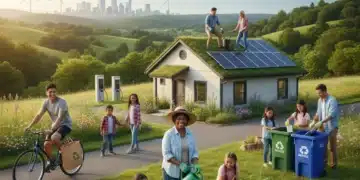 Americans embracing sustainable living with community gardening, cycling, recycling, and solar panel installation.