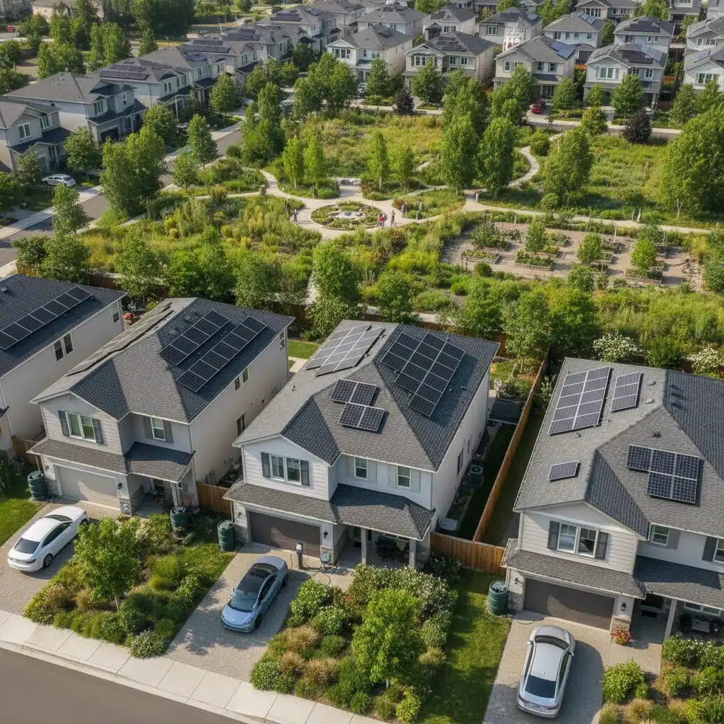 Aerial view of a sustainable suburban neighborhood with solar panels, EVs, and native gardens.