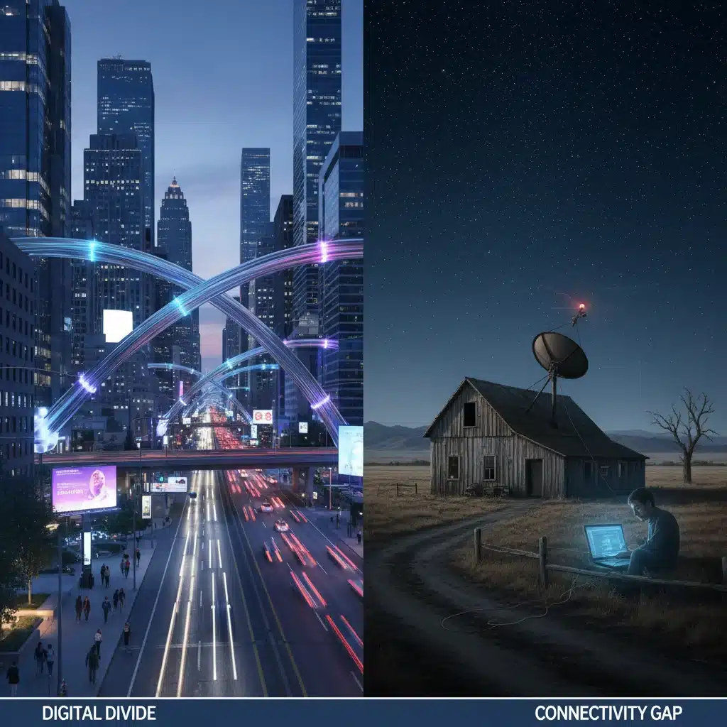 Urban fiber optic network contrasted with rural satellite internet, symbolizing broadband disparity.