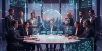Business leaders engaging with holographic Web3 technology in a futuristic office environment, symbolizing strategic adoption.
