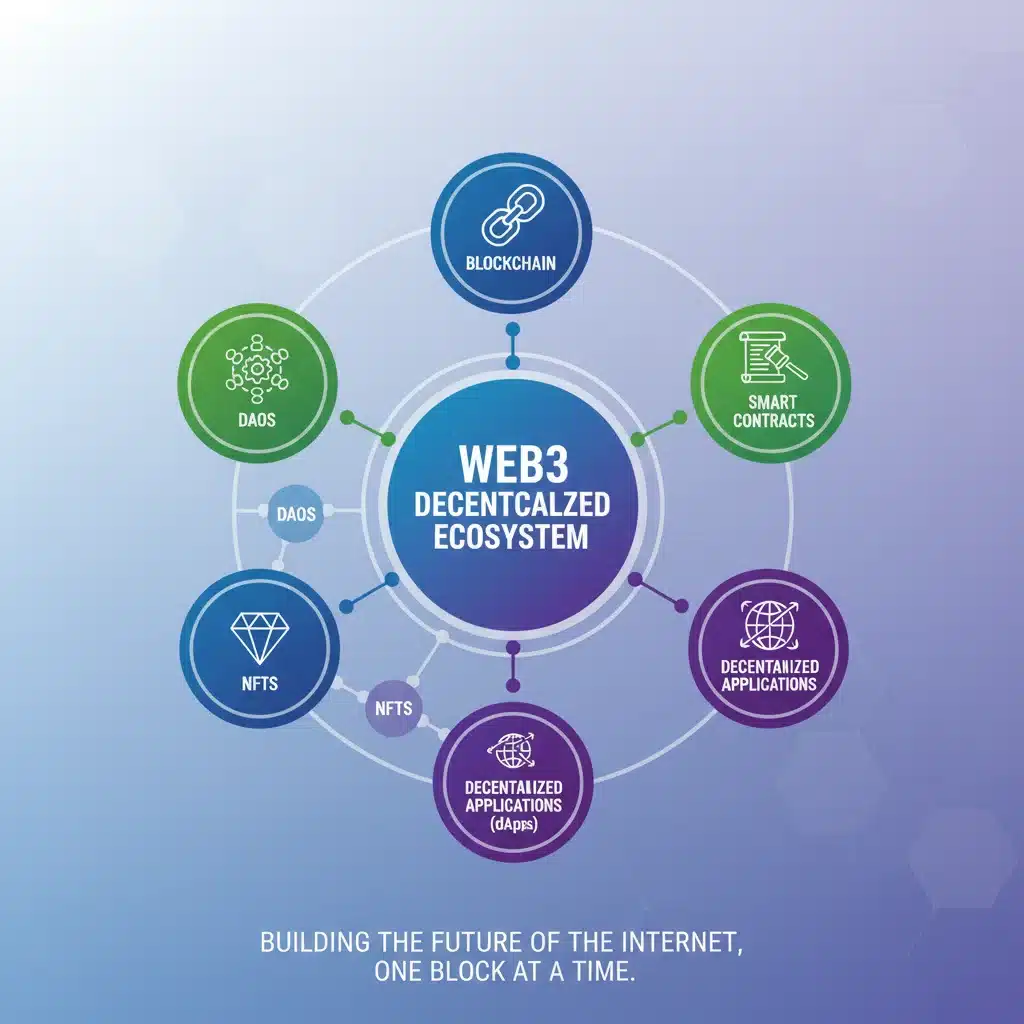 Infographic explaining core components of Web3: blockchain, dApps, NFTs, and DAOs for business understanding.