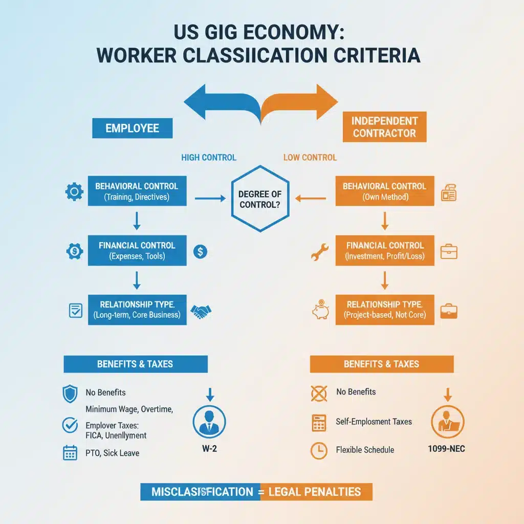 Infographic showing worker classification criteria for employees vs. independent contractors in the gig economy.