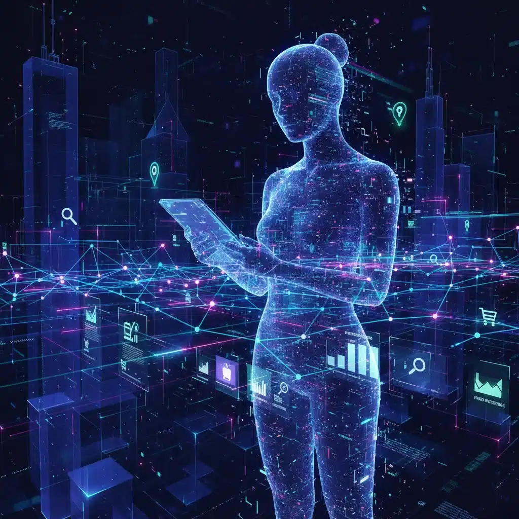 Abstract visualization of AI and data analytics personalizing shopping experiences for consumers.