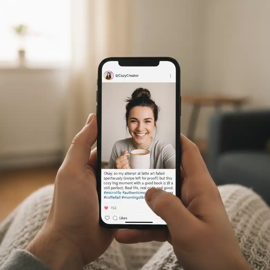 Authentic social media post by a micro-influencer, emphasizing genuine connection and user-generated content.