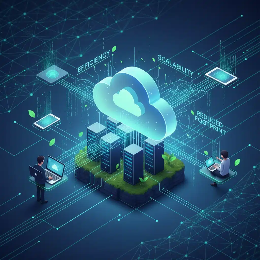 Cloud computing infrastructure with data flow and devices, emphasizing efficiency