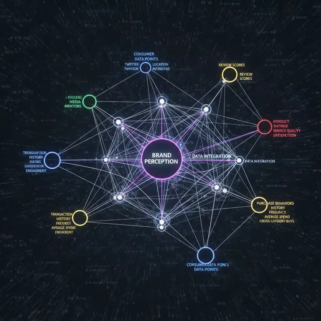 Interconnected consumer data points illustrating brand perception network