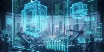 Holographic projections of industrial machinery representing digital twin technology on a factory floor.