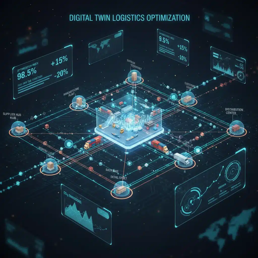 Digital visualization of a complex supply chain network optimized with digital twin technology.