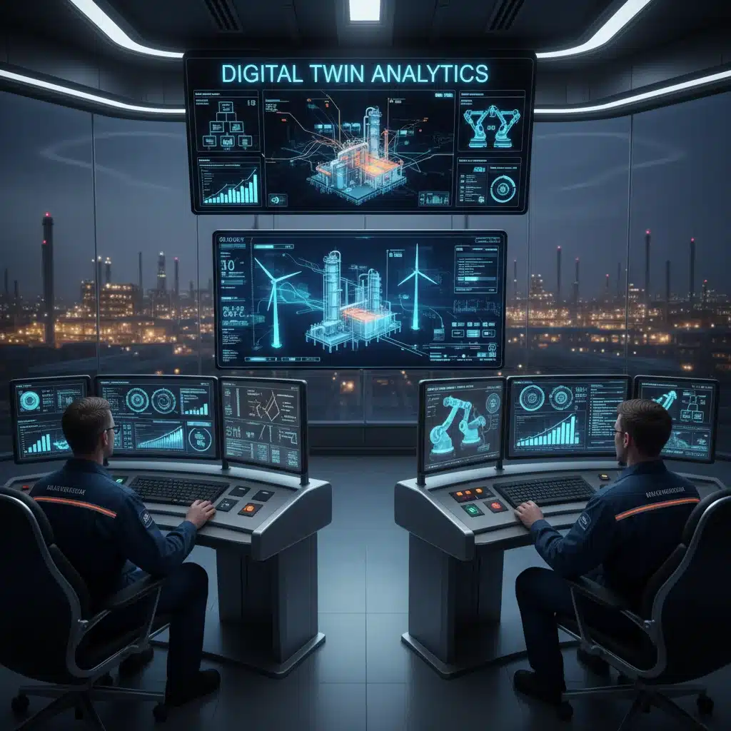 Engineers analyzing real-time industrial data and 3D models in a control room using digital twin technology.