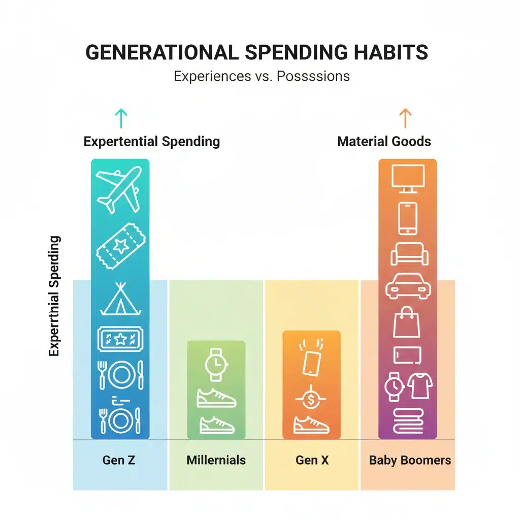 Infographic illustrating generational spending habits, showing younger generations prioritizing experiences over material possessions.
