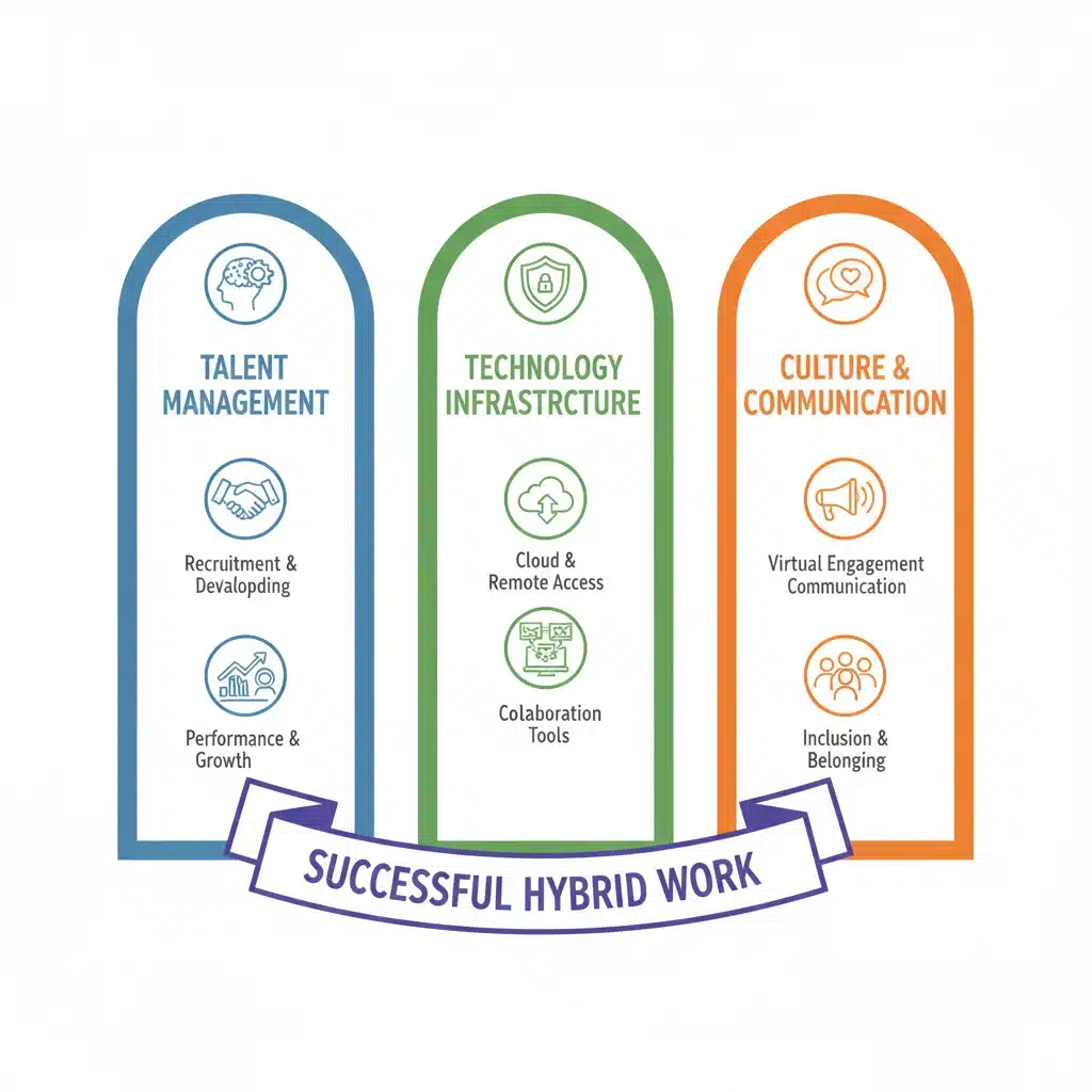 Infographic showing the three pillars of effective hybrid work strategies.