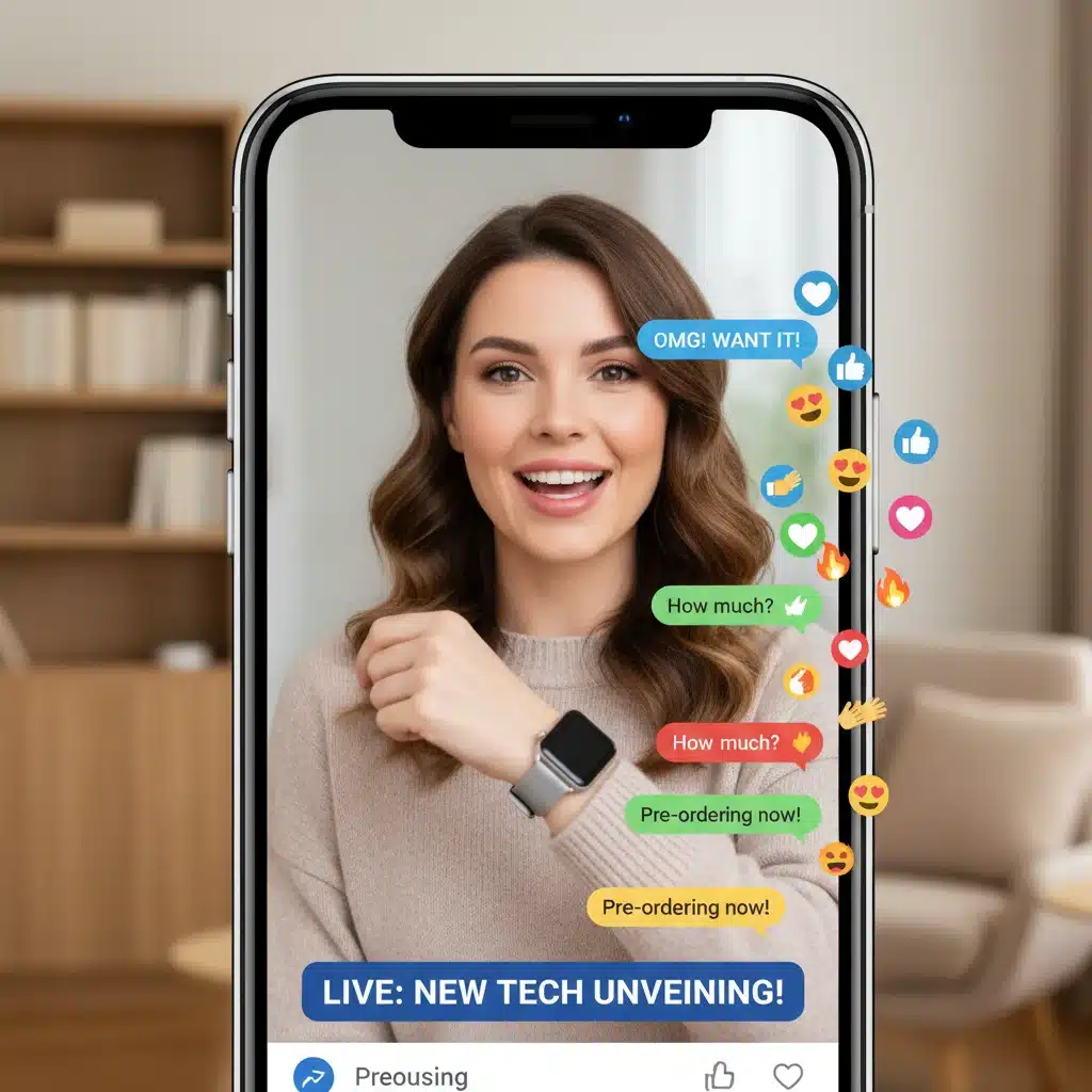 Influencer conducting a live shopping session on a smartphone, demonstrating real-time customer interaction and product showcase.