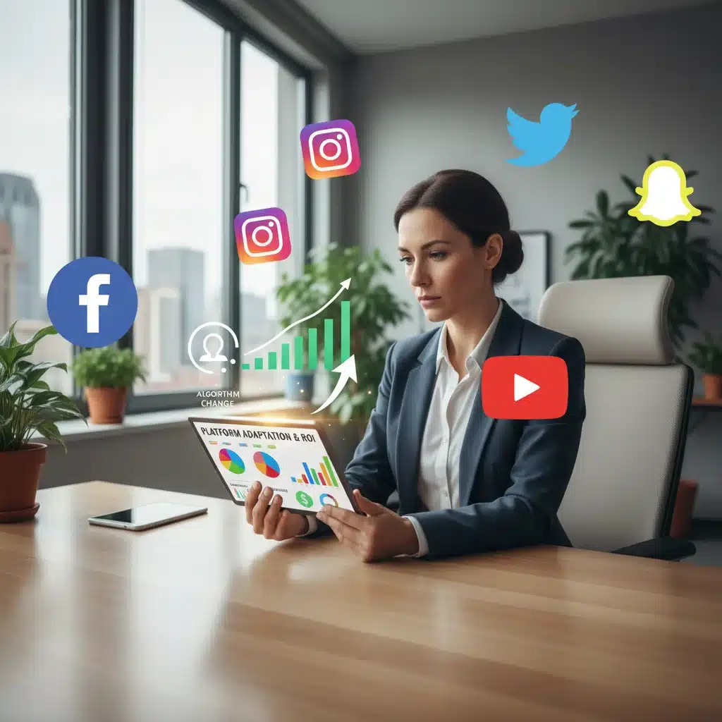 Small business owner analyzing social media data for financial strategy