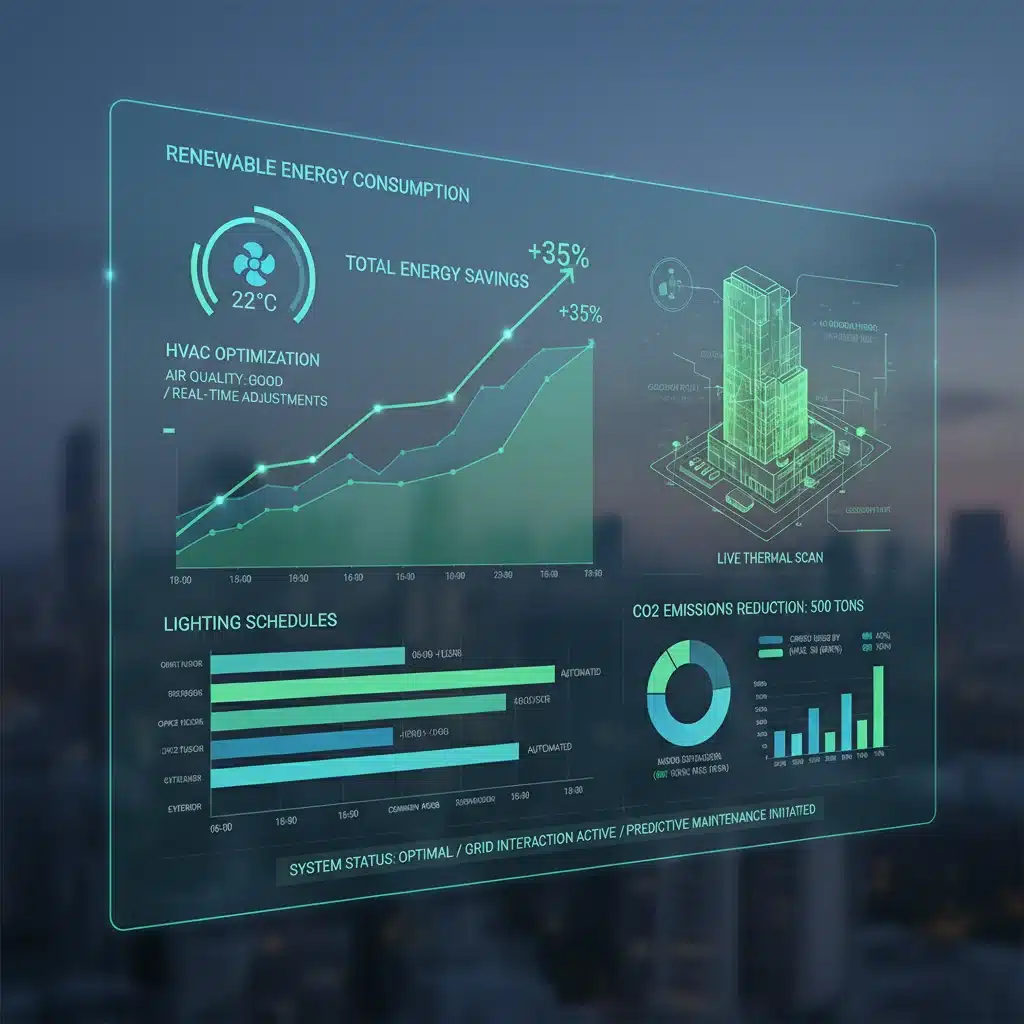 Smart building management system interface showing energy optimization data
