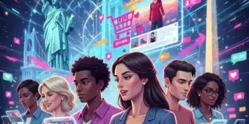 Dynamic illustration of social commerce trends influencing U.S. consumers in 2026, featuring digital shopping on social media platforms.