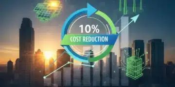 Financial report showing 10% cost reduction with green technology symbols and US city skyline