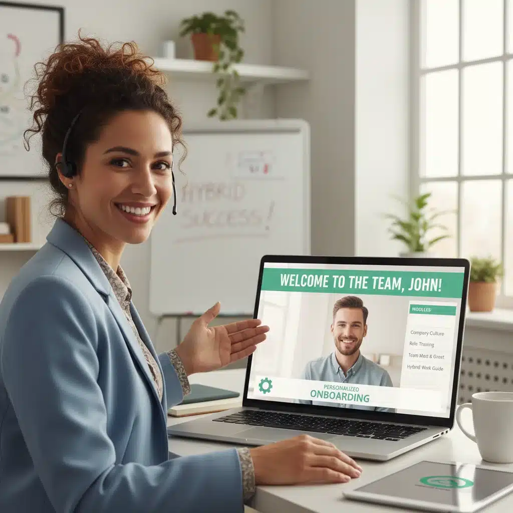 HR professional conducting virtual onboarding for a remote employee.