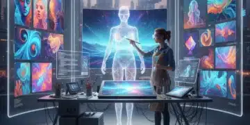 Human artist and AI collaborating on futuristic digital art