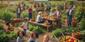 Diverse community members harvesting fresh produce in a thriving garden, symbolizing local food security efforts.