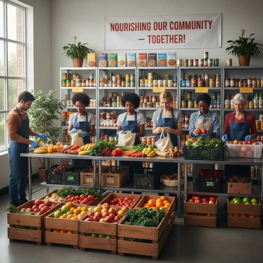 Volunteers efficiently sorting fresh produce at a food bank, highlighting community food distribution.