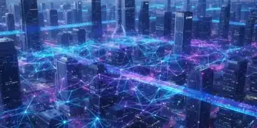 Futuristic blockchain network connecting enterprise buildings