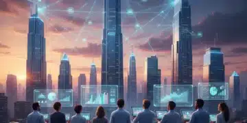 Futuristic cityscape with 5G network symbols and optimistic small business owners embracing technology