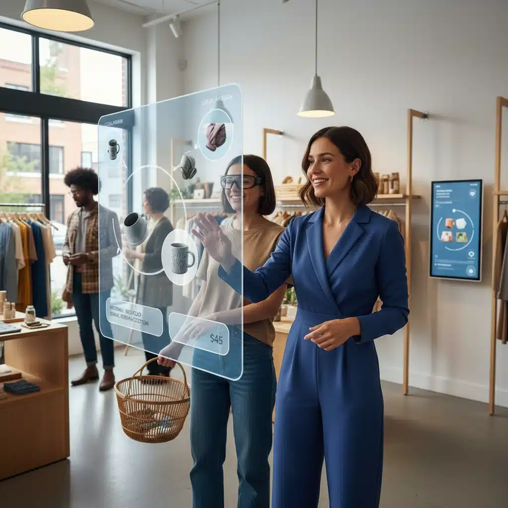 Small business owner using augmented reality in retail for enhanced customer experience