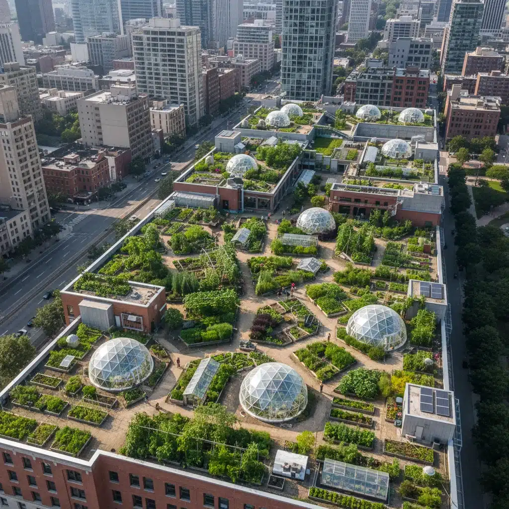 Urban farm integrating agriculture into a city, demonstrating sustainable local food production.